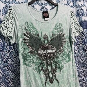 Harley Davidson M Seafoam Green Crochet Sleeves  Shirt Top